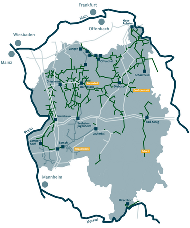 Kartenübersicht zeigt die Lage von Städten im Rhein-Neckar-Raum.