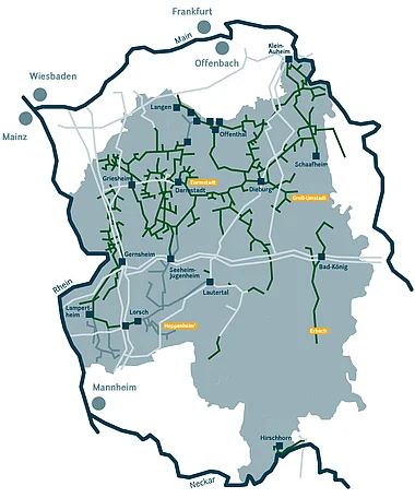 Kartenübersicht zeigt die Lage von Städten im Rhein-Neckar-Raum.