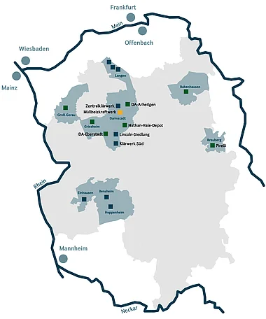 Übersichtskarte des Fernwärmenetzes der ENTEGA.