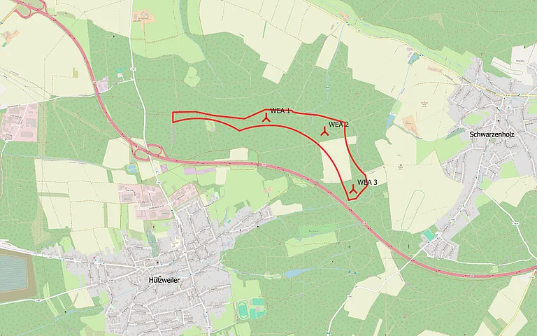 Geländedarstellung mit Windkraftanlagen und topographischen Details.