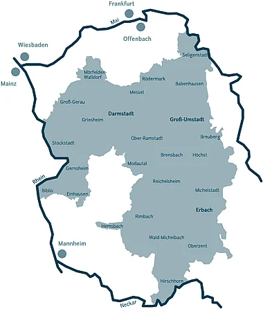 Kartenansicht von Hessen mit den wichtigsten Städten und Flüssen.