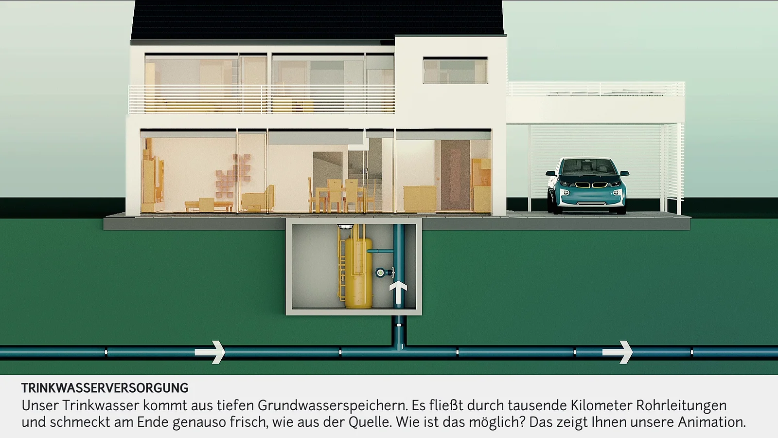 Schnittzeichnung zeigt unterirdische Wasserversorgungsanlage mit Rohrleitungen und Technik.