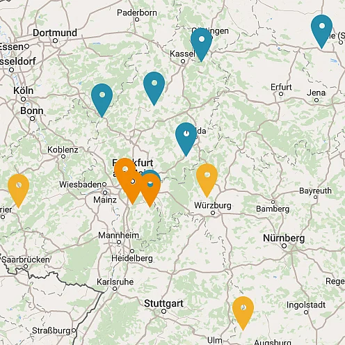 Deutschlandkarte mit hervorgehobenen Städten.