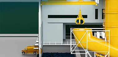 Schematische Darstellung des Müllheizkraftwerks Darmstadt. Ein Kran befüllt den Einfülltrichter der Verbrennungsöfen.