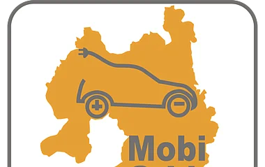 Logo des Projektes "MobiGrid". Straßenkarte zeigt Autobahnverlauf und wichtige Verkehrsknotenpunkte.