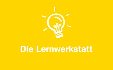 Grafik " Die Lernwerkstatt". Leuchtmittel-Symbol für eine Idee oder Lösung.