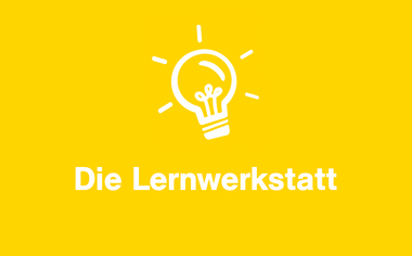 Grafik " Die Lernwerkstatt". Leuchtmittel-Symbol für eine Idee oder Lösung.
