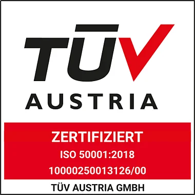 Zertifizierungslogo ISO 50001 2018 mit dem Text "TÜV AUSTRIA" und "ZERTIFIZIERT".