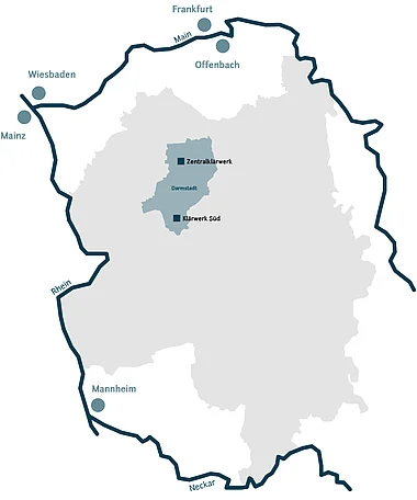 Übersichtskarte mit wichtigen Städten und Flüssen in Südhessen.