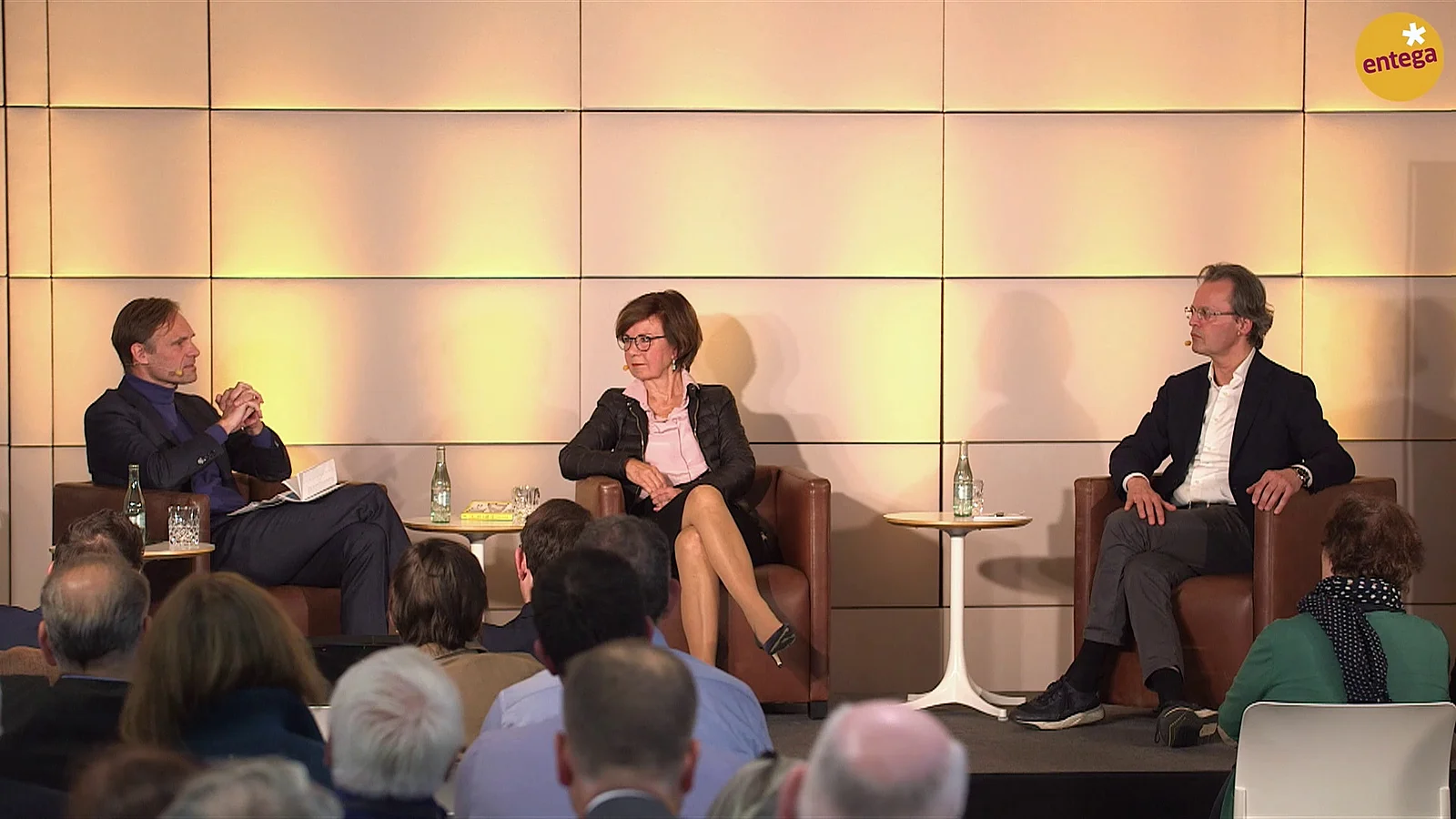 Podiumsdiskussion mit drei Rednern vor Publikum in einem Konferenzraum.