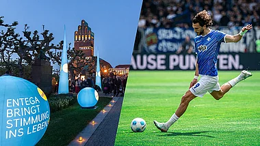 Fußballspieler schießt den Ball während eines Spiels.
