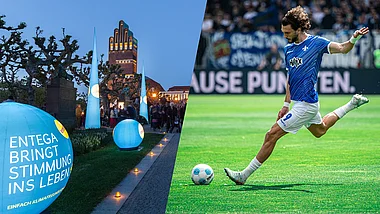 Fußballspieler schießt den Ball während eines Spiels.