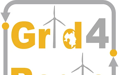 Logo des Projektes "Grid4Regio". Es zeigt eine Windkraftanlage in einer ländlichen Umgebung.