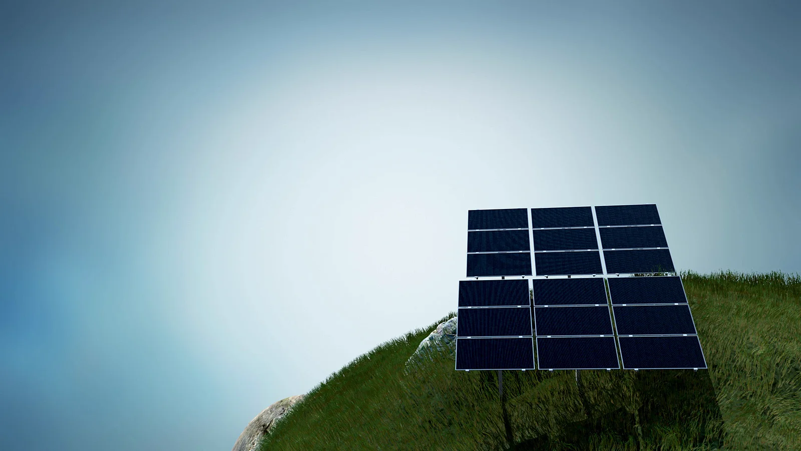Solarmodule auf einer grünen Hügelkuppe unter blauem Himmel.