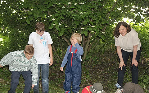 Menschen untersuchen Pflanzen am Ufer eines kleinen Sees.