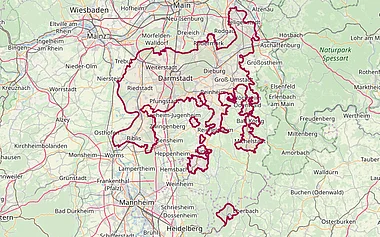 Geographische Darstellung des Rhein-Neckar-Dreiecks mit Flusssystemen.